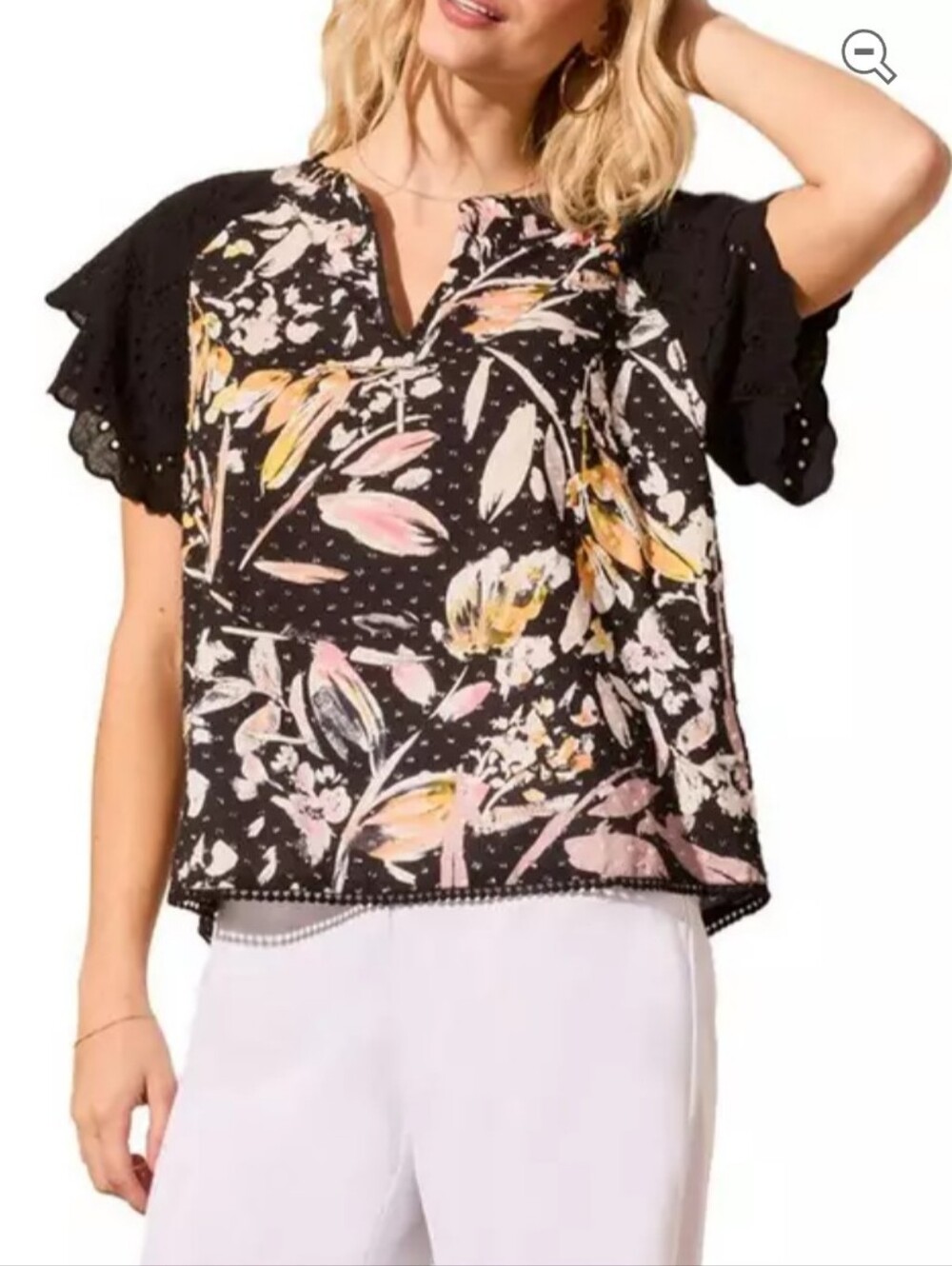 NWT Tribal Floral Abstract Watercolor w/ Black Eyelet Flutrer Sleeves, Size M